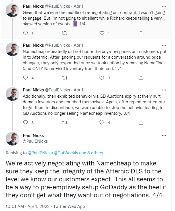 Twitter conversation between Paul Nicks of GoDaddy and Richard Kikendall of Namecheap