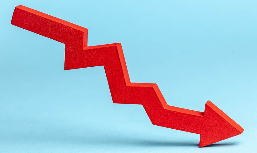 Red arrow trending down and to the right on a blue background