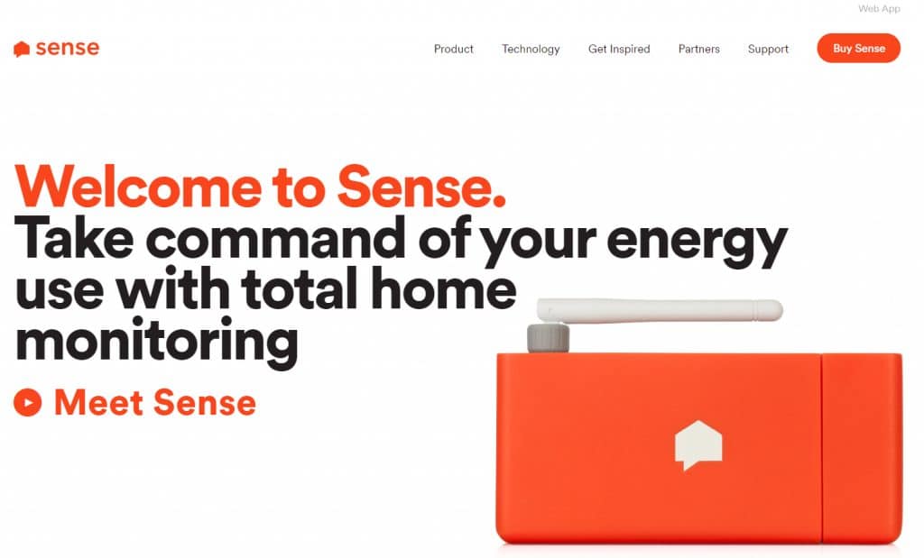 Home page for Sense shows the sense device, which helps homes manage energy use