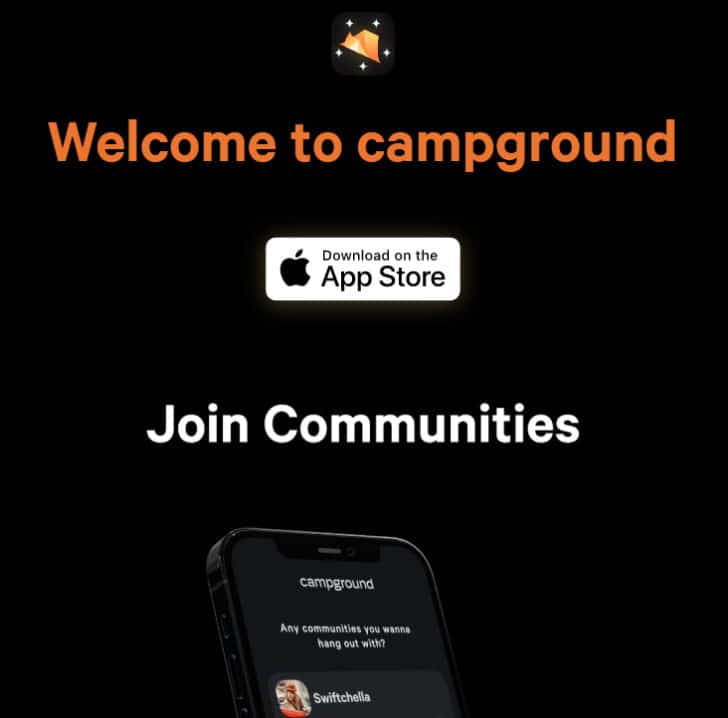 Campground.xyz home page says "Welcome to campground" and has a picture of its app for joining music communities