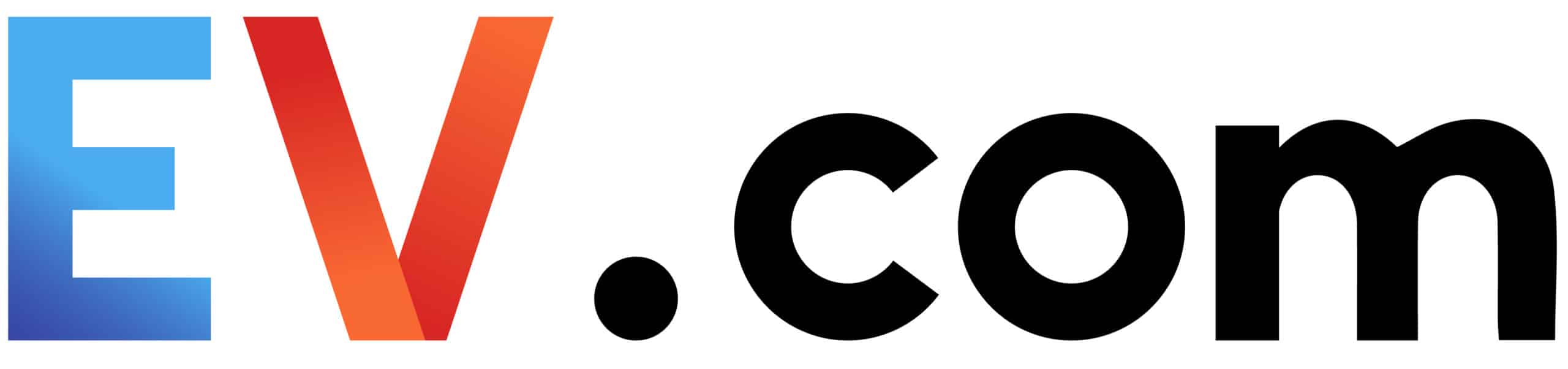 Logo for EV.com has a blue capital e, an orange capital v, and .com in black lower case letters