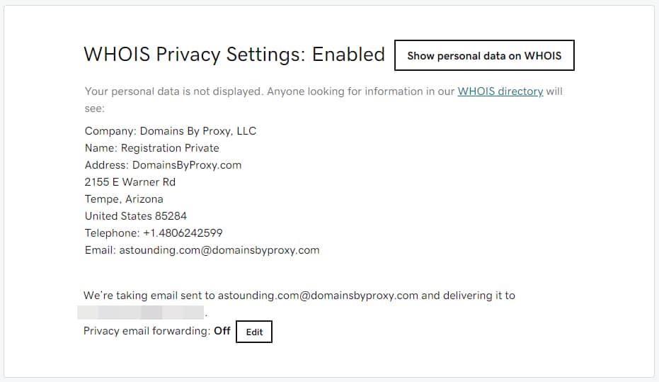 Image of GoDaddy Whois privacy settings section in account manager