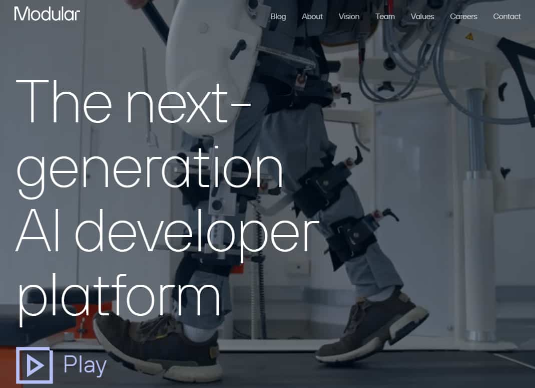 Screenshot of modular.com shows a robot walking and the words "The next-generation AI developer platform"