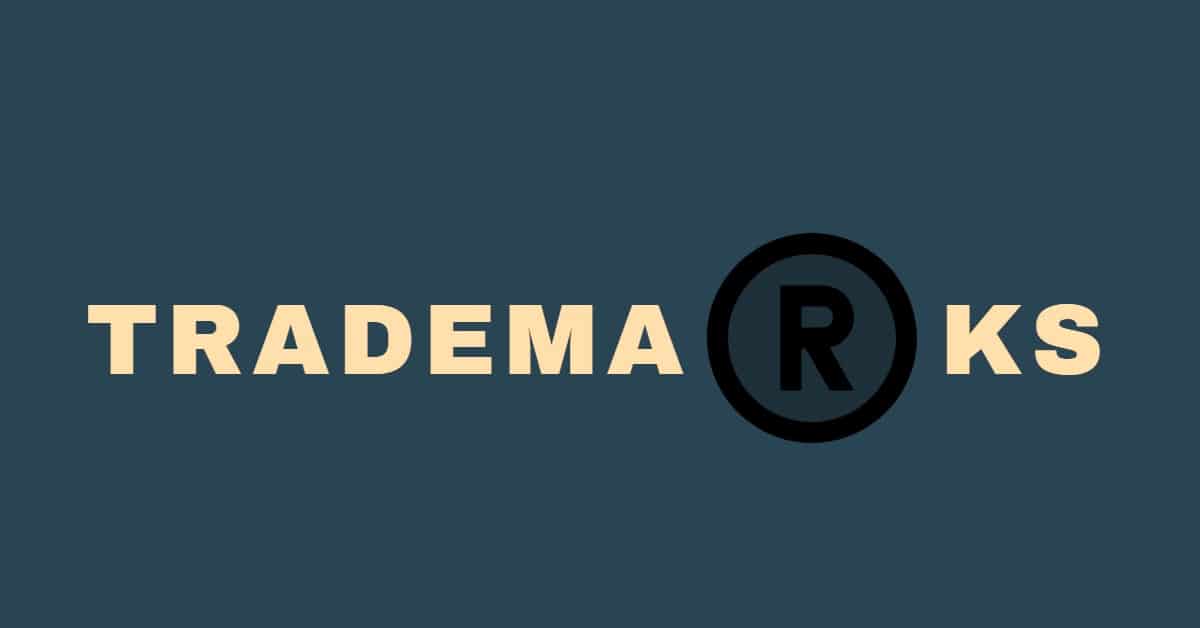 The word Trademarks on a dark blue green background with a stylized R symbol