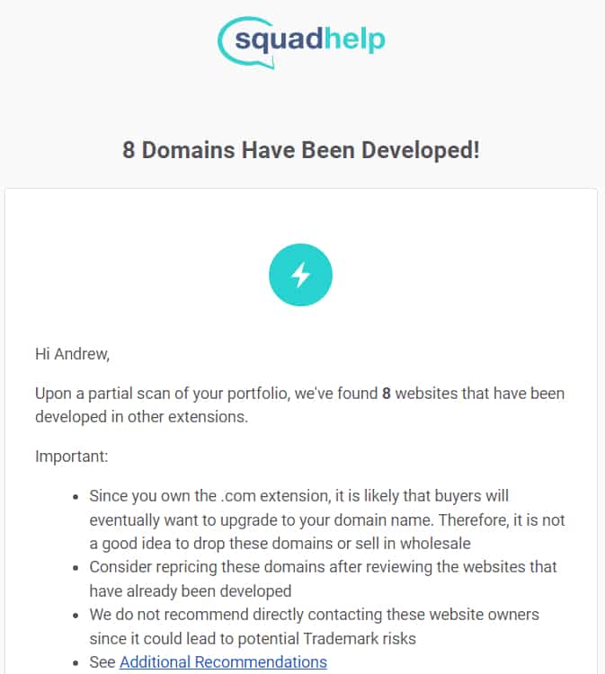 Picture of email from Squadhelp that says some domains have been developed