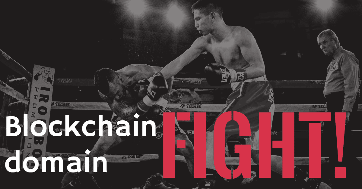 Picture of two boxers with the words "blockchain domain fight"