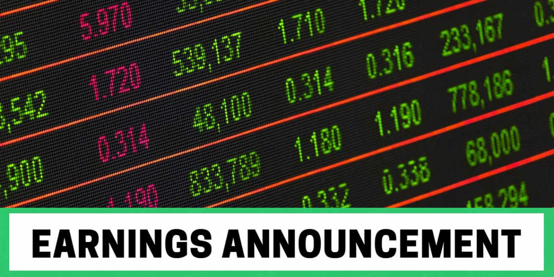 Picture of stock ticker board with words "earnings announcement" below it