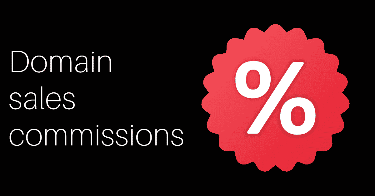 A white percentage sign in a red circle and to the site, the words "domain sales commissions"