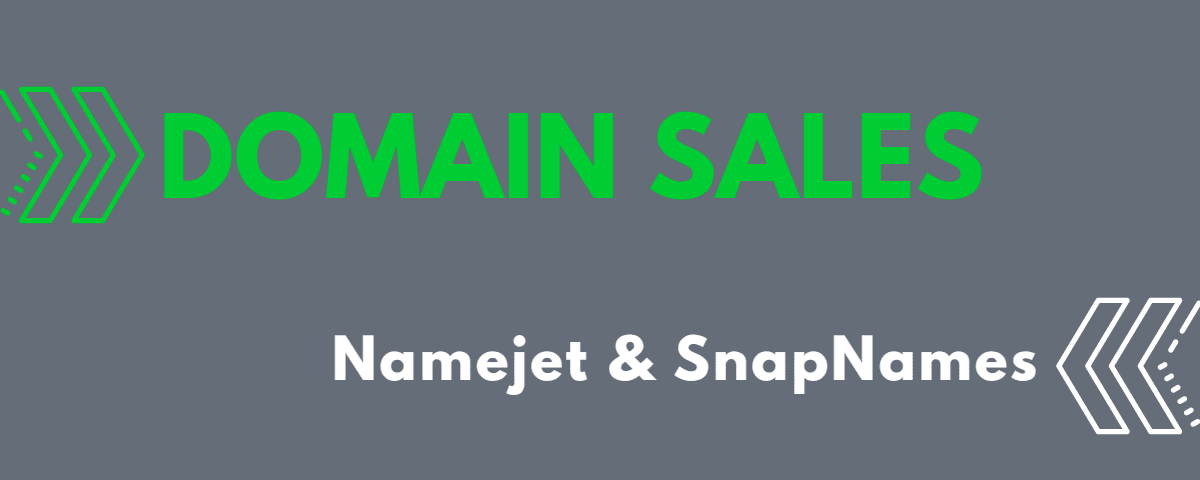 Grey background with the words "domain sales" in green with green arrows and "Namejet and SnapNames" in white text with white arrows