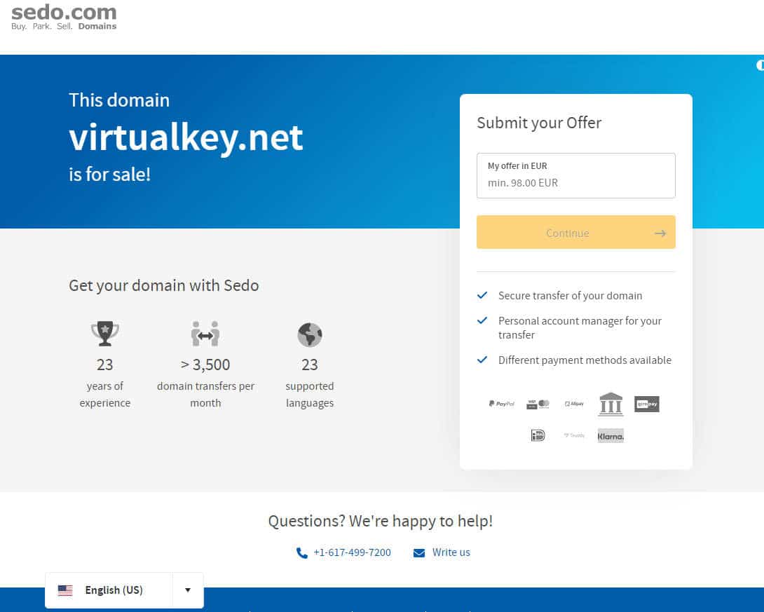 Sedo for sale lander for VirtualKey.net asks customers to make an offer