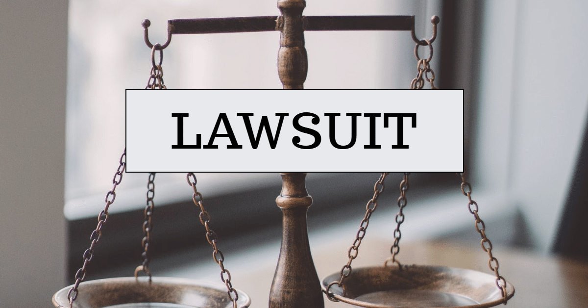 Picture of scales with the word "lawsuit" imposted on top in a box