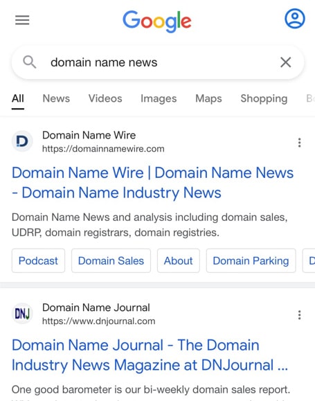 Screenshot of Google mobile search shows the search result site title (domain name wire), domain name, headline, and then search result