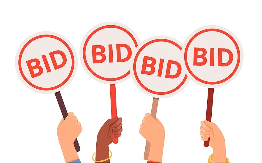 Illustration with four hands holding bidding cards that say "bid"