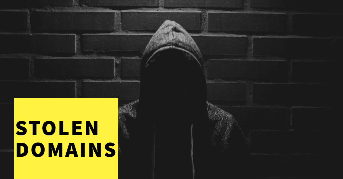 Picture of shaded man in hoodie with the words "stolen domains"