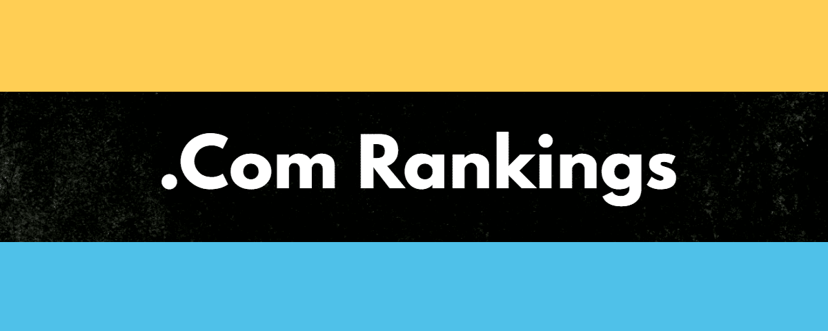 The words ".com rankings" on a black chalkboard background with yellow and blue stripes 