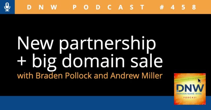 The text ""New partnership + big domain sale" on a black background