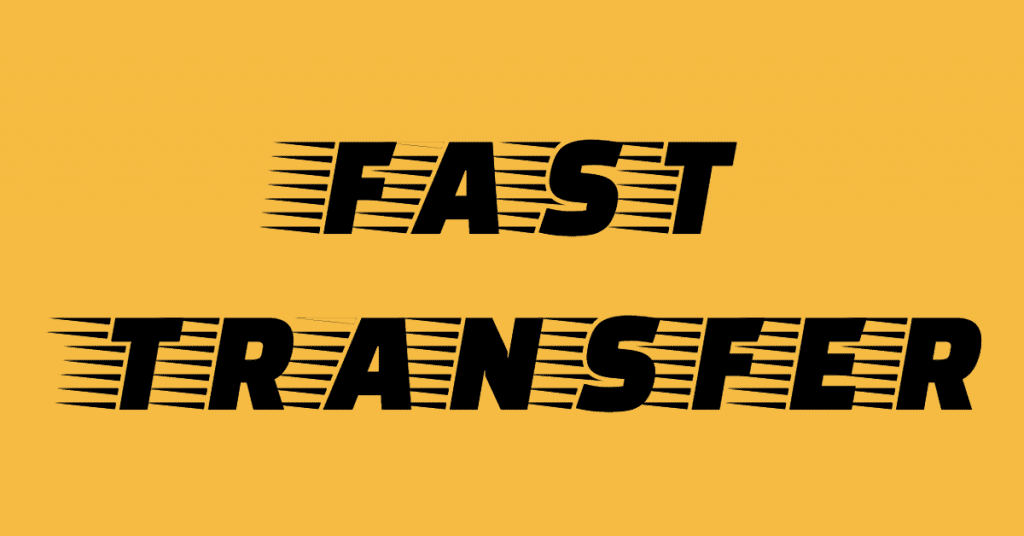 The words "fast transfer" in a stylized font showing speed on a yellow/orange backgorund